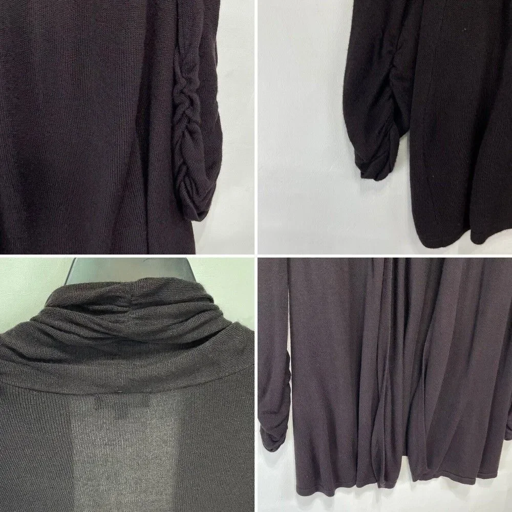 Premise Studio Women Cardigan L Brown Open Ruched Sleeve Cardigan Sweater